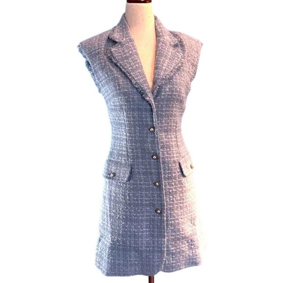 NWOT Maeve by ANTHROPOLOGIE Button Shirt Dress Tweed Light Blue Lined 2 Petite - Picture 1 of 12